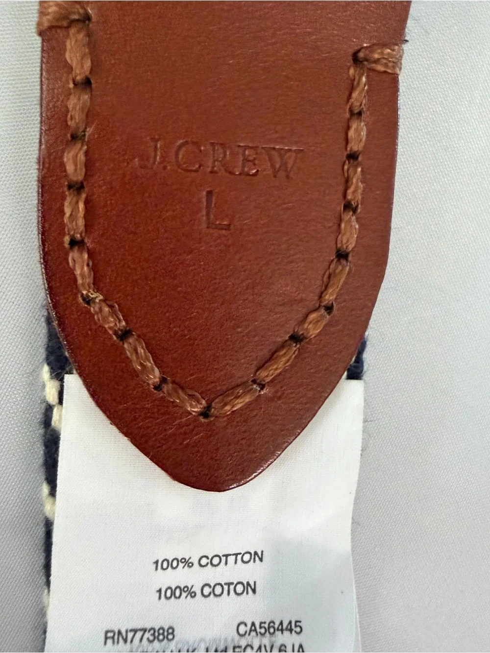 J. Crew Men's Navy and White Woven D-Ring Belt with Brown Leather Trim